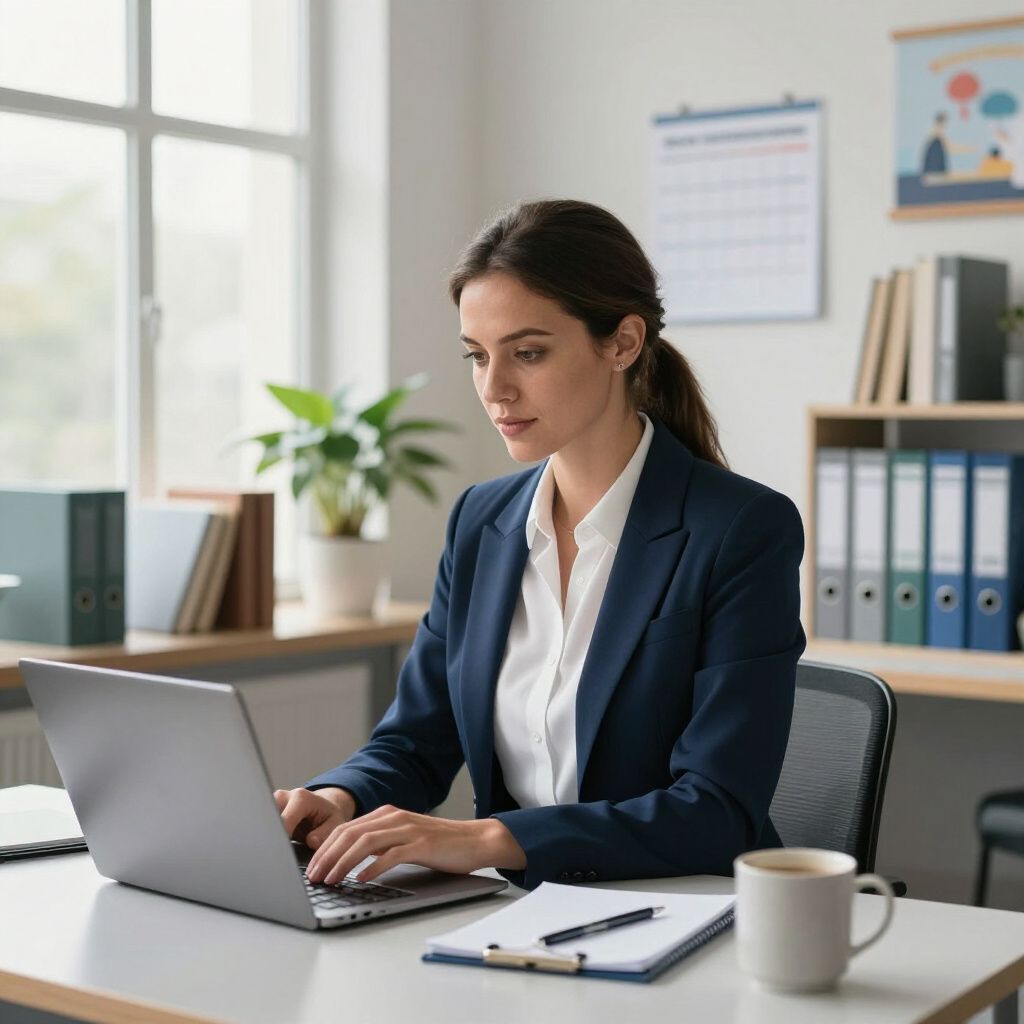 A professional wearing a blazer types on a laptop at a desk with a plant, documents, and a coffee mug in an office.