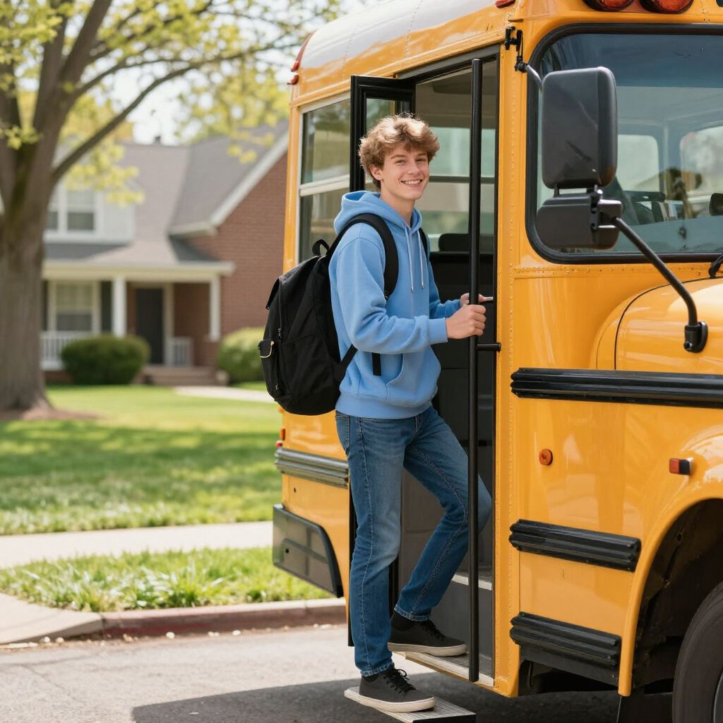 A student wearing a blue hoodie and backpack steps onto a school bus on a residential street.