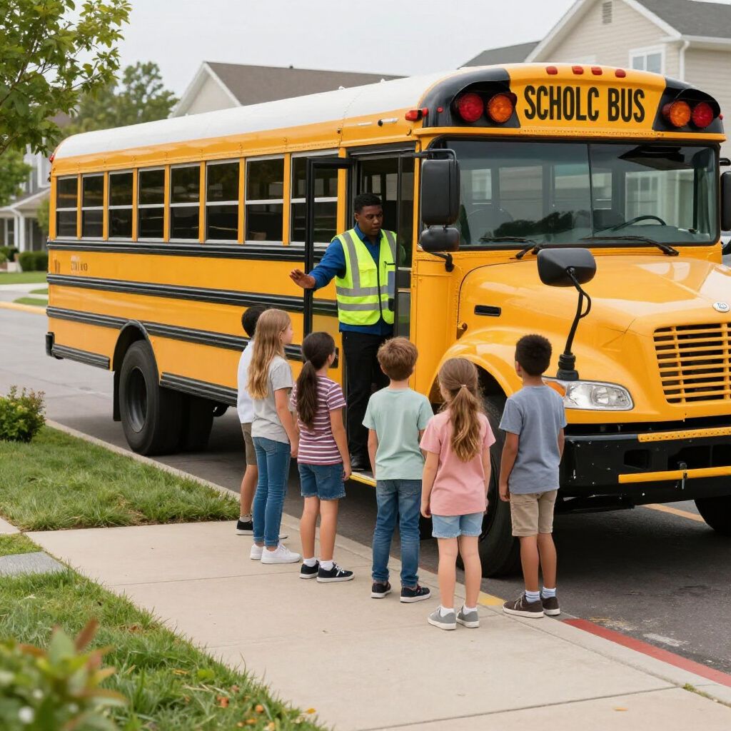 A bus driver in a safety vest stands at the open door of a yellow school bus as a group of children lines up to board.
