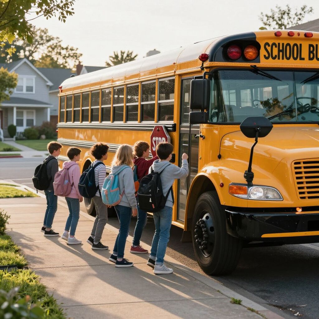Students wearing backpacks line up on a sidewalk to board a bright yellow school bus.