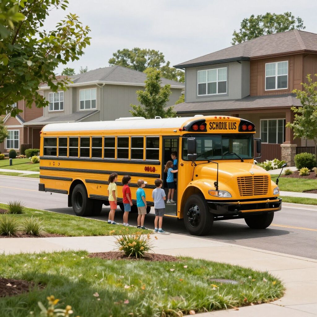 Children boarding a yellow school bus parked on a quiet residential street.