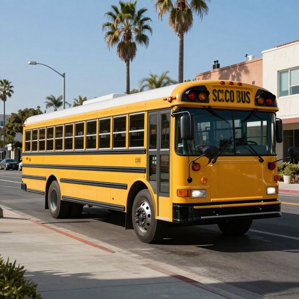 A yellow school bus parked on a city street next to a sidewalk with palm trees in the background.