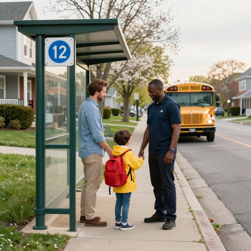 A parent and a staff member stand at a bus stop with a child wearing a yellow jacket and red backpack near a school bus.