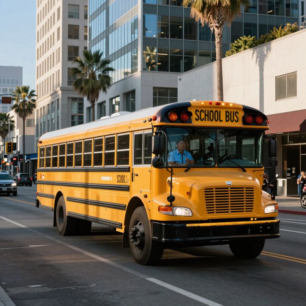 A yellow school bus driving on a city street past modern buildings and palm trees.