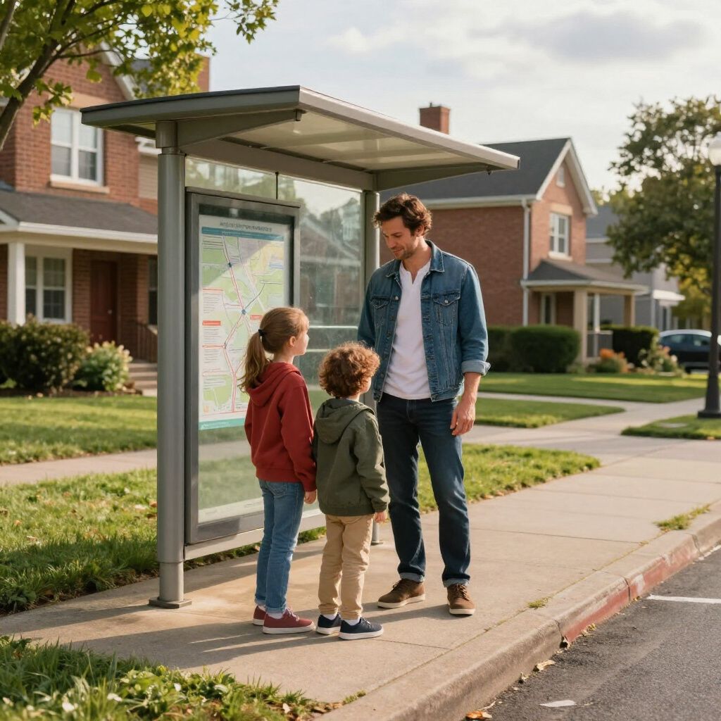 A man and two children look at a transit map under a bus stop shelter in a residential neighborhood.