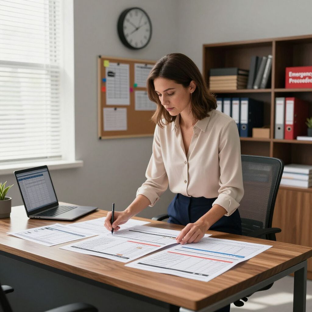A professional works at a desk, reviewing charts and documents in an office setting with a laptop and bookshelves nearby.