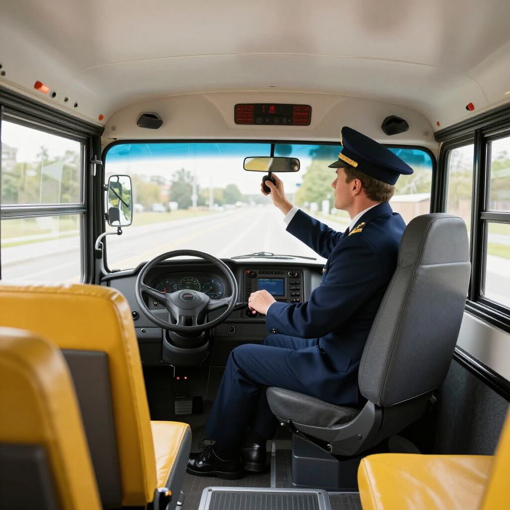 A bus driver in a dark uniform adjusts the rearview mirror while sitting in the driver's seat of a yellow bus.