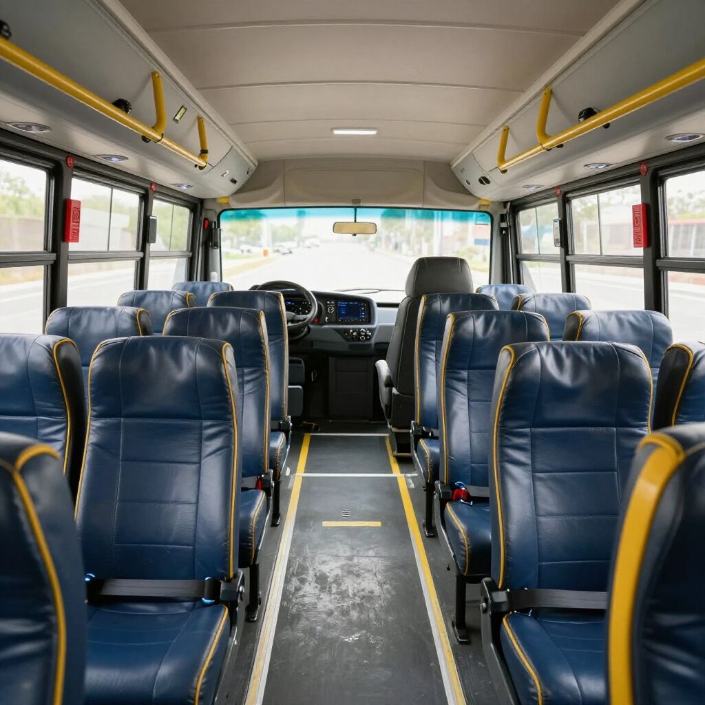 Empty blue passenger seats inside a bus with yellow grab rails and a central aisle.