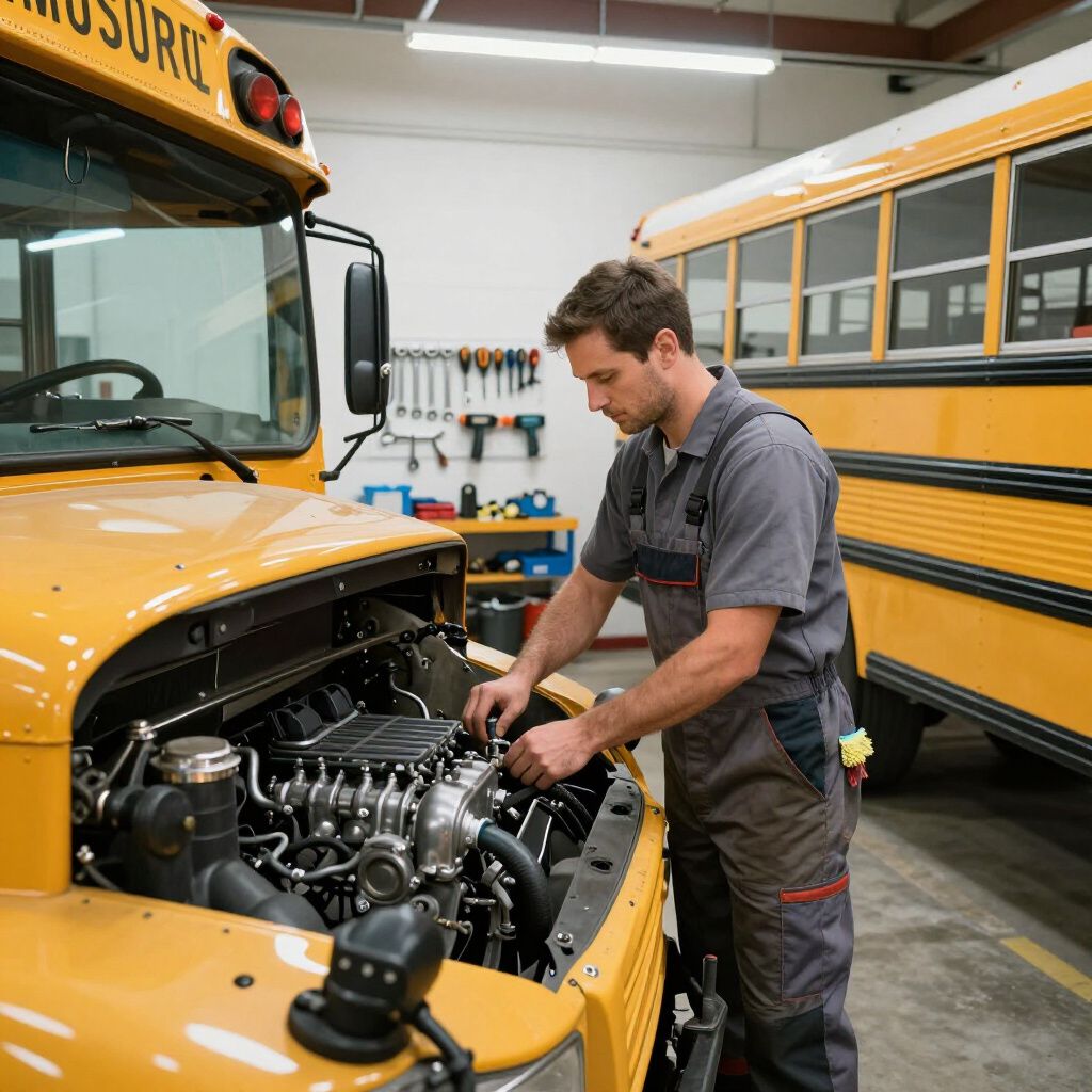 A mechanic in a grey jumpsuit works on the open engine of a yellow school bus inside a bright repair shop.