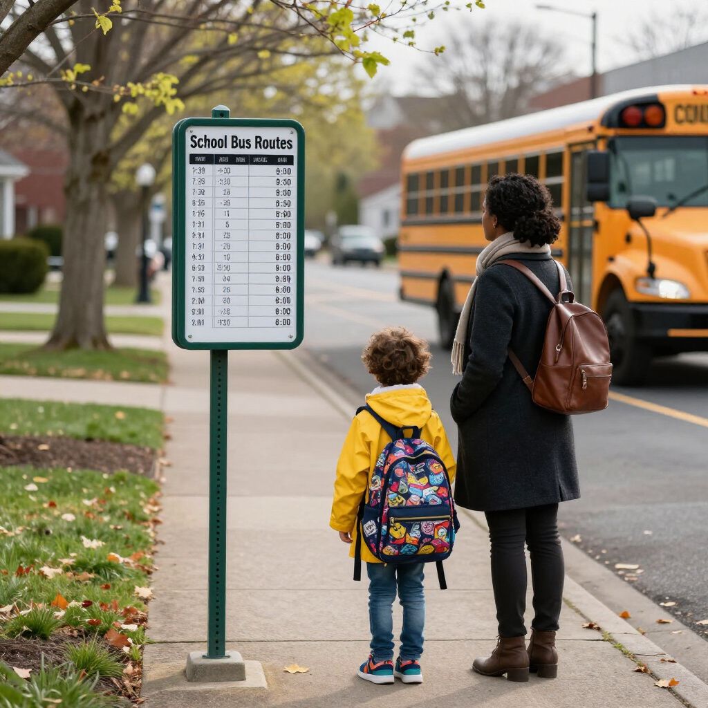 A person and a child with backpacks stand on a sidewalk at a bus stop beside a school bus, looking at a posted route sign.