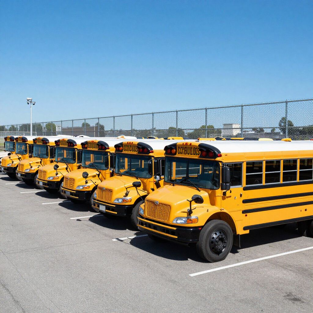 A line of yellow school buses parked in an outdoor lot under a clear blue sky.