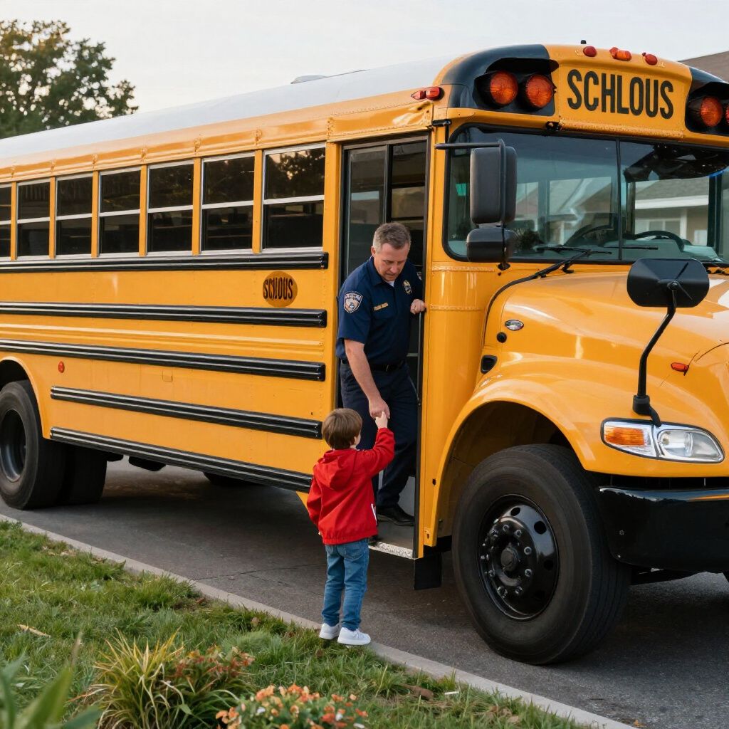A bus driver in uniform holds a child's hand while helping them board a yellow school bus outdoors.