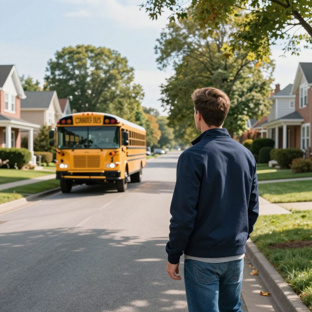 A person in a blue jacket stands on a residential street as a yellow school bus approaches.