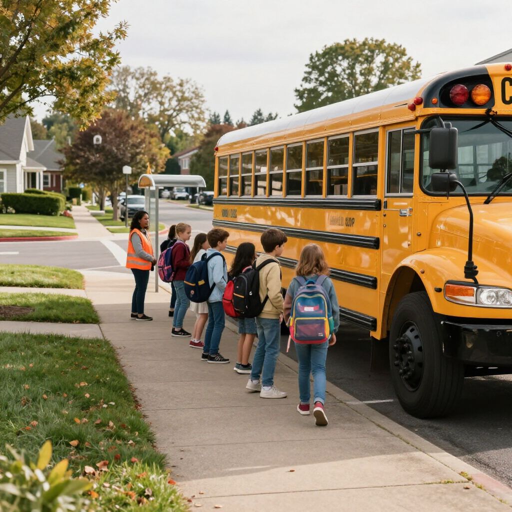 A group of children with backpacks stand in a line on a sidewalk waiting to board a yellow school bus.