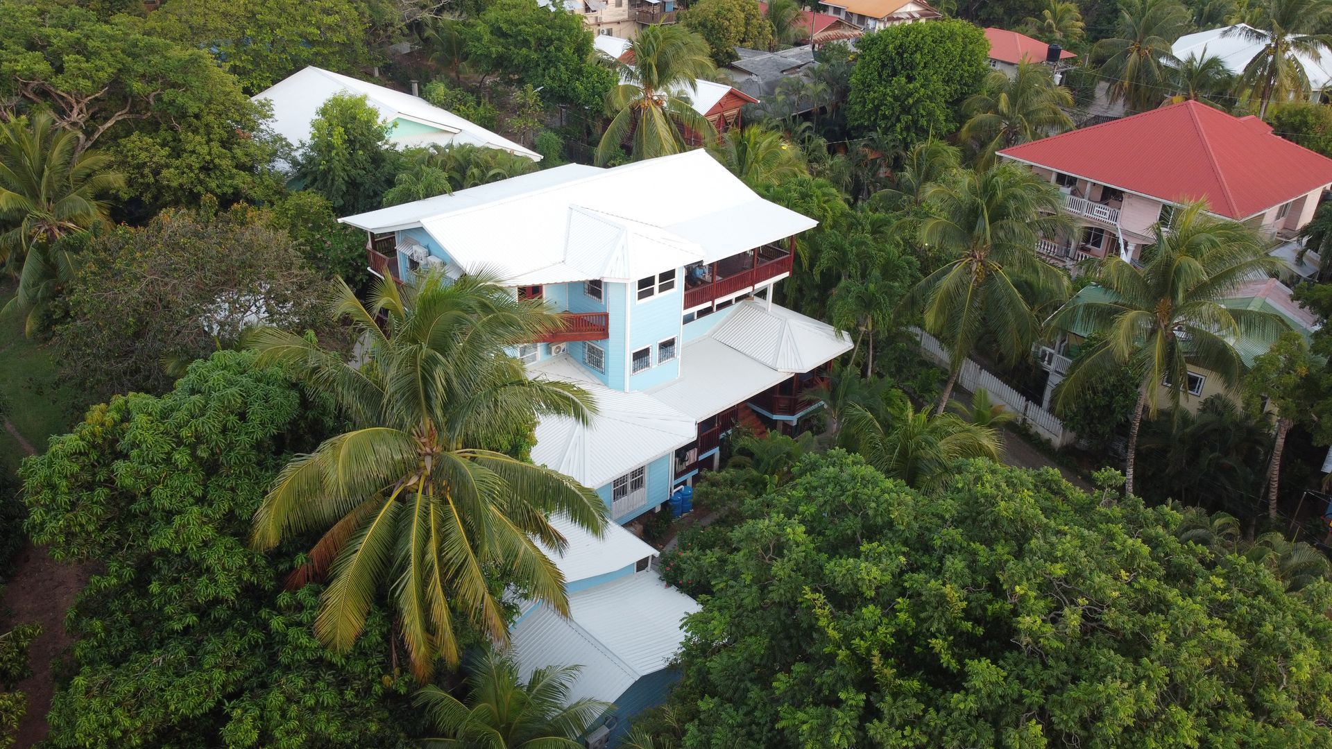 Blue and white tropical house with white roof, surrounded by lush green trees.