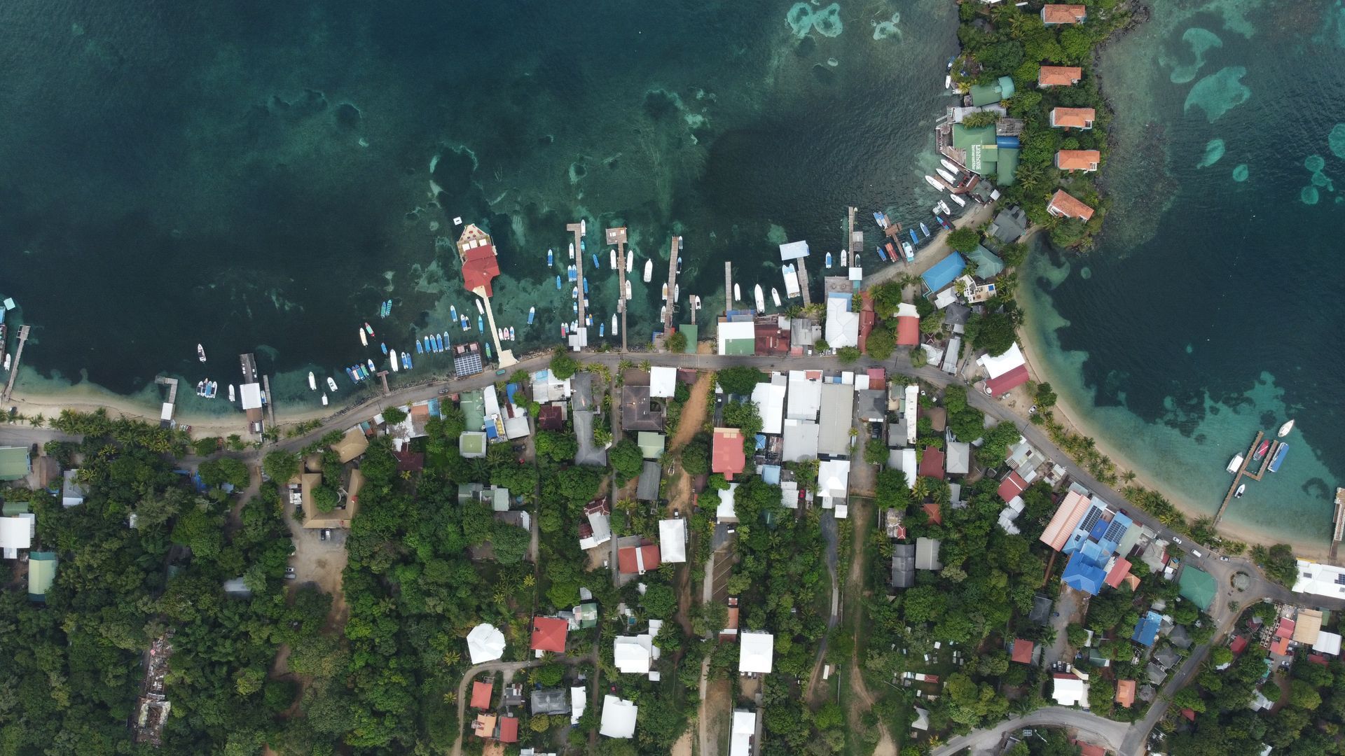 Aerial view of a coastal village with boats, colorful buildings, and lush green trees near clear blue water.