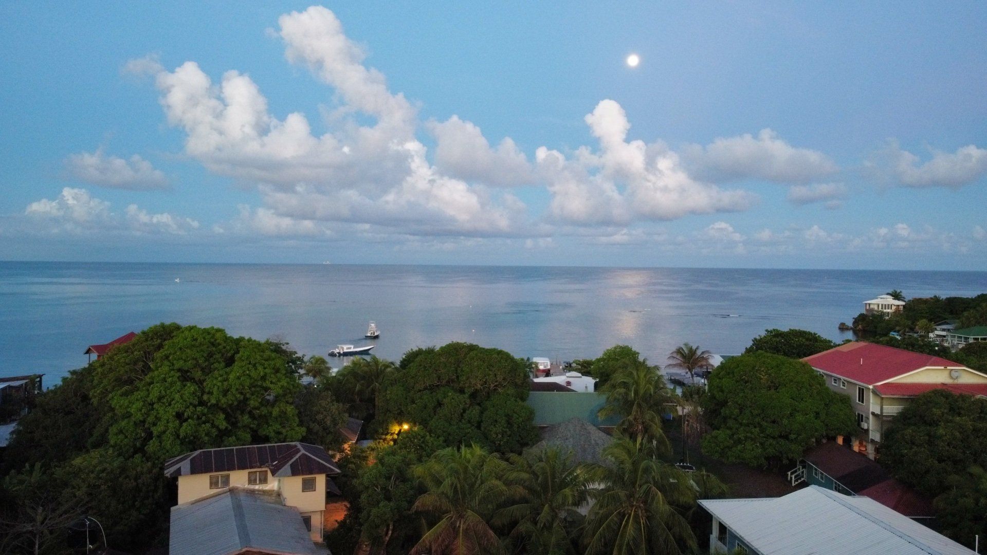 Seascape at dusk with a full moon, clouds, trees, buildings, and boats.