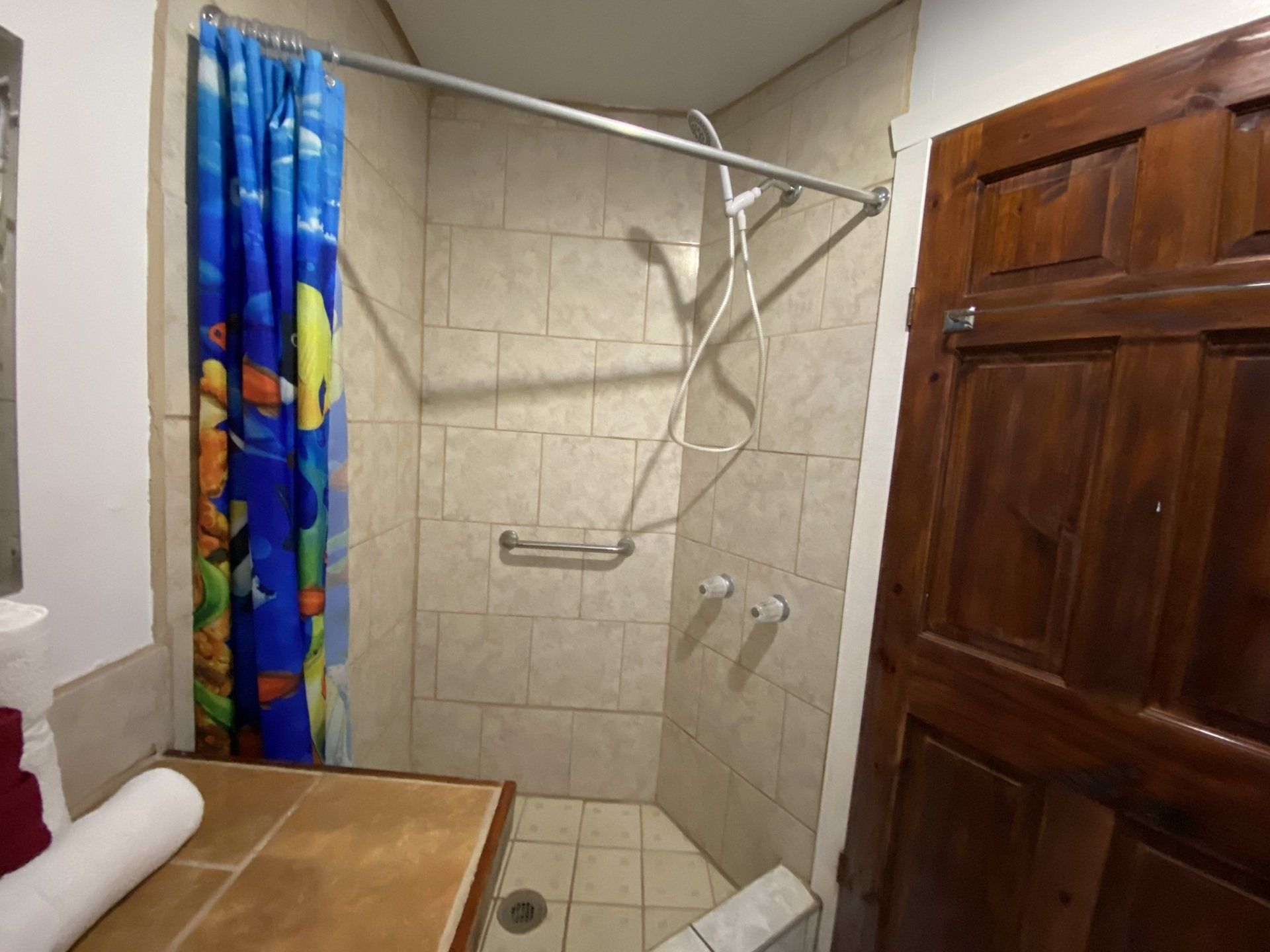 Shower with blue curtain, beige tile walls, and wooden door on the right.