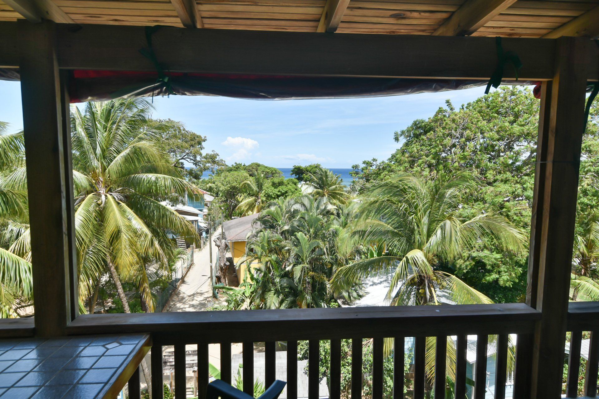View from a wooden balcony of a lush tropical scene with palm trees, road, and ocean.