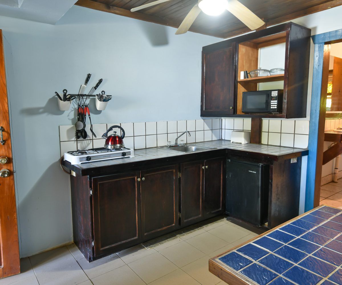 Small kitchen with dark cabinets, stove, microwave, and a small refrigerator.