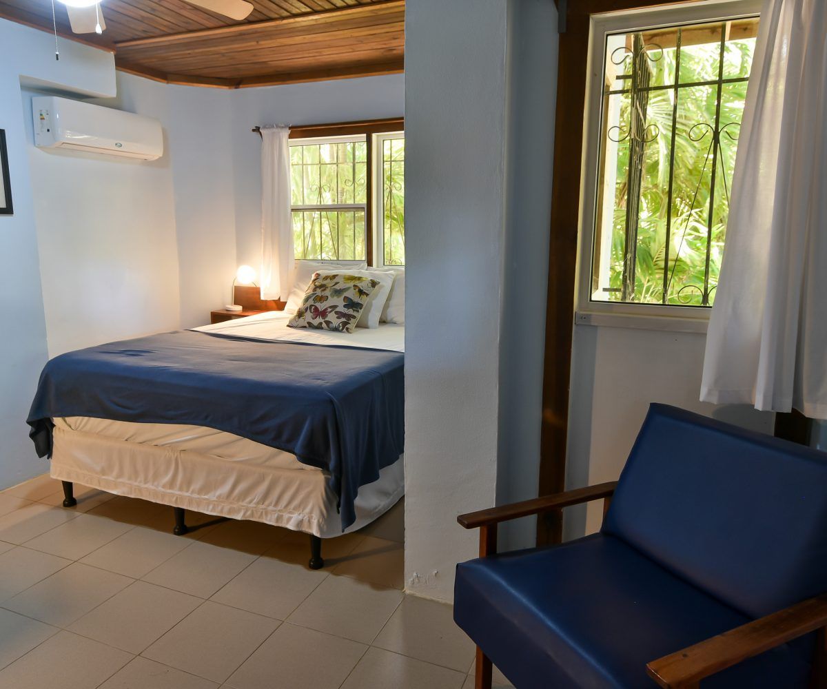 Bedroom with blue walls, bed, armchair, and windows with forest view.