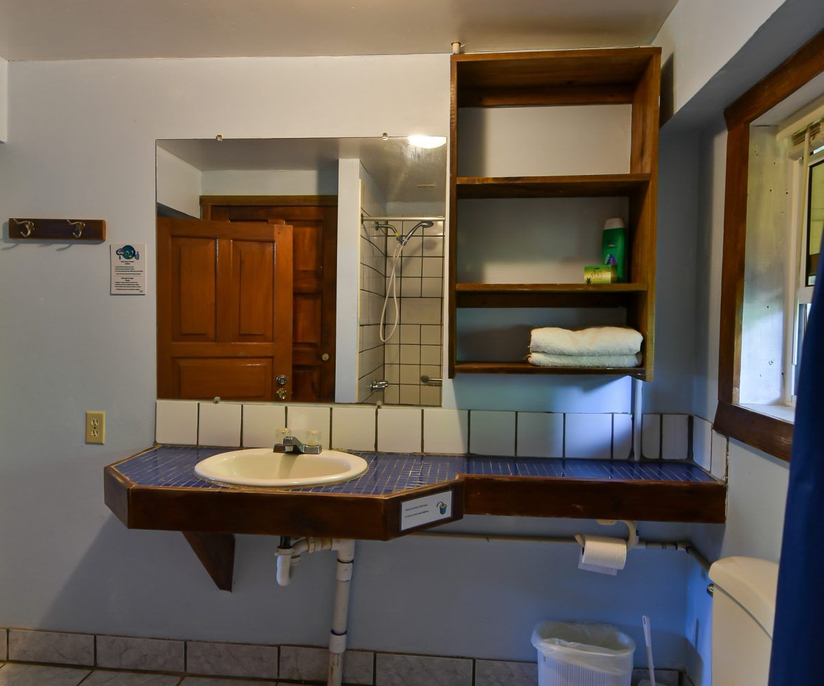 Bathroom with accessible sink, mirror, open shelves with towels, toilet, and blue tiled counter.