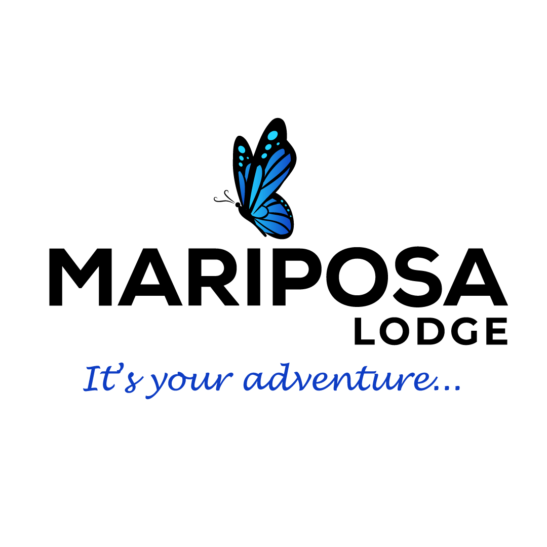 Mariposa Lodge logo: blue butterfly above black text