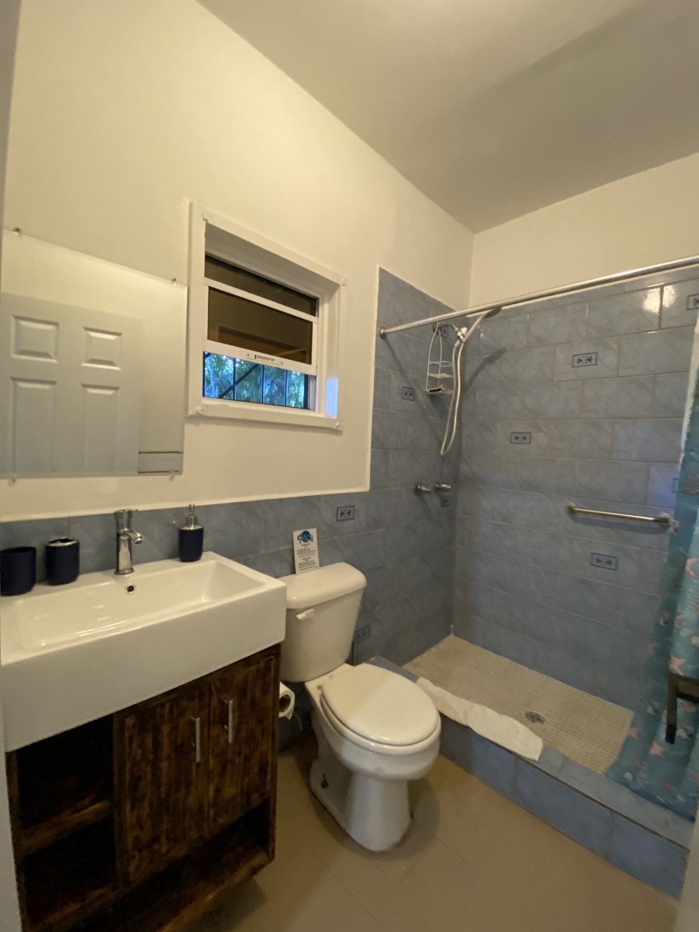 Bathroom with blue tiled shower, white toilet and sink, and dark wood cabinet.