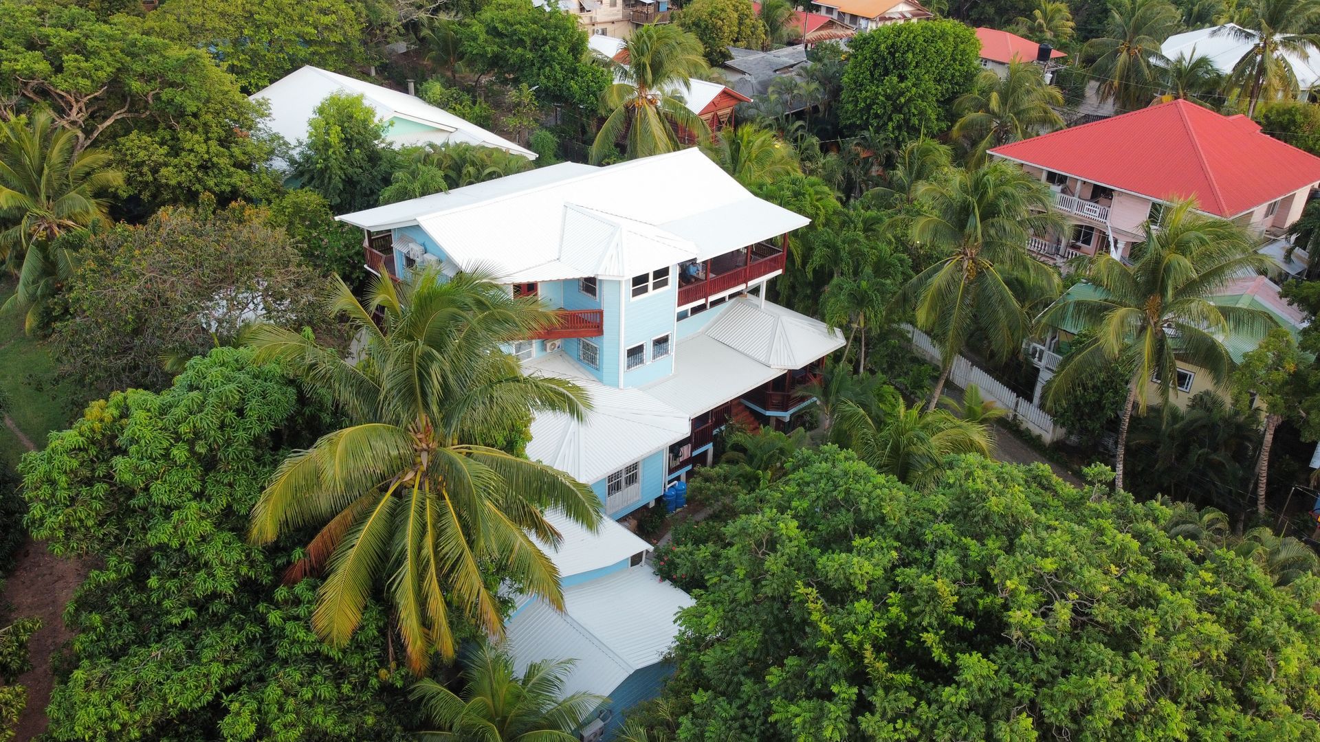 Blue and white house with a white roof surrounded by lush green trees.