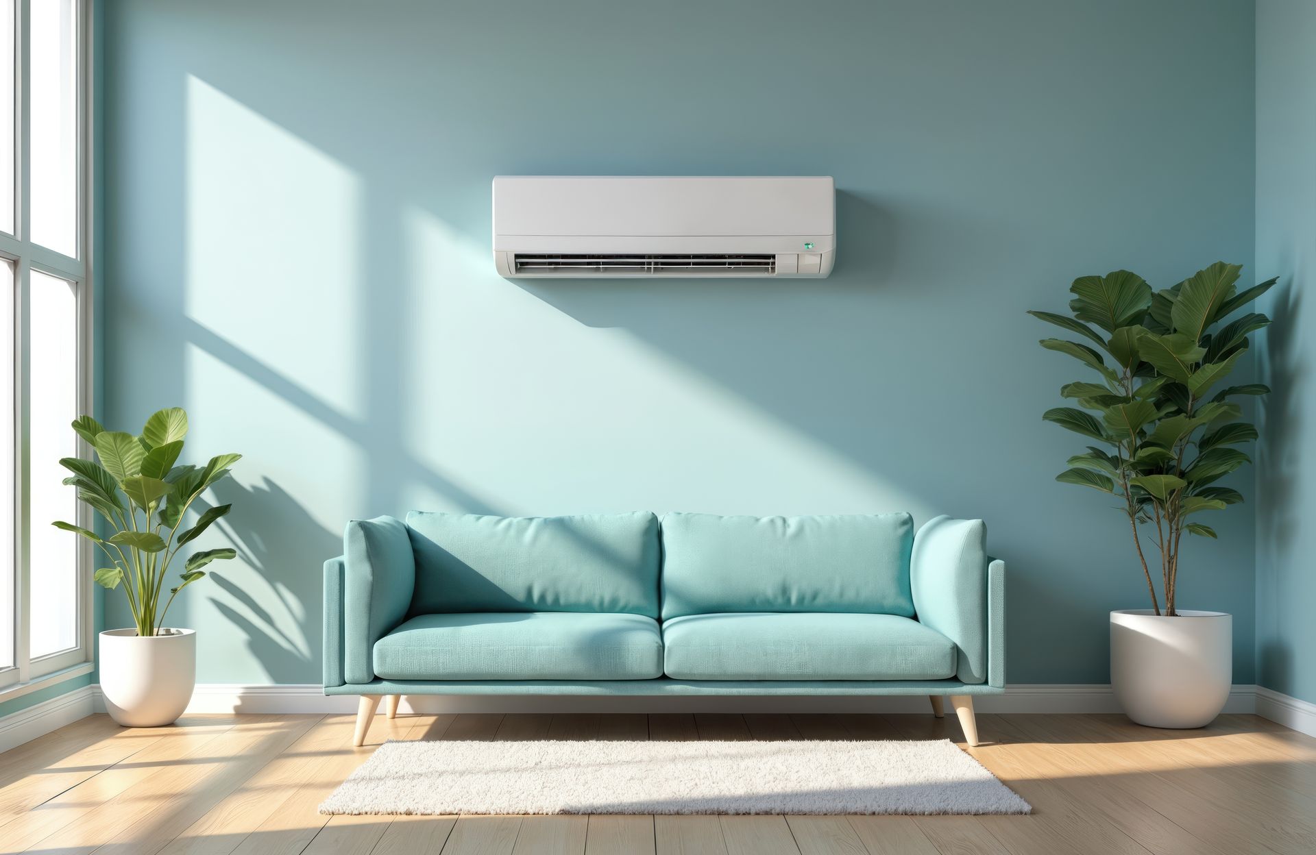 Modern wall-mounted mini-split AC unit in a bright, stylish living room for efficient cooling.
