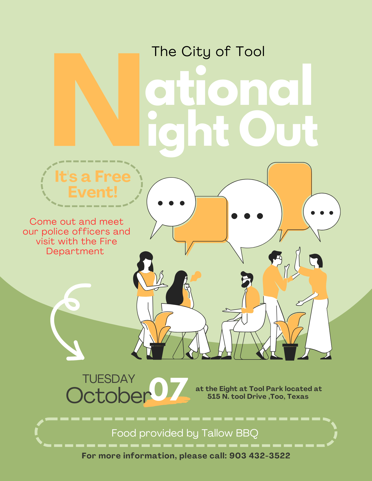 Flyer for National Night Out in Tool, TX. People, speech bubbles, and text on a green background.