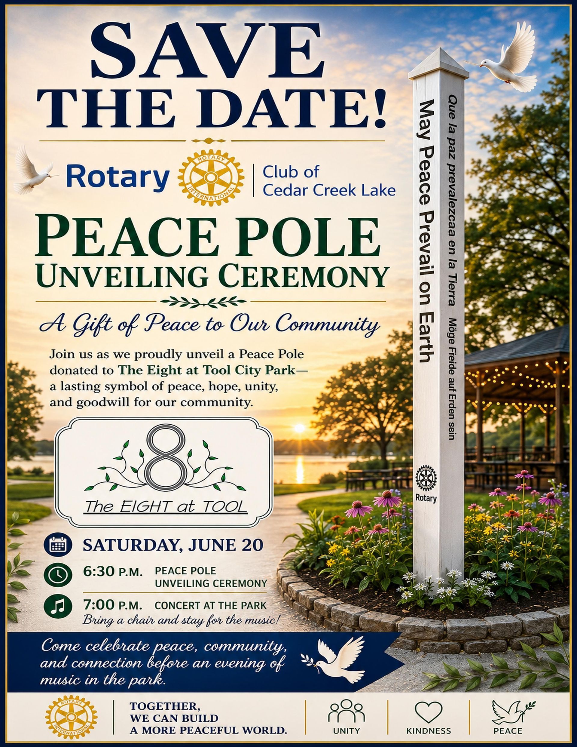 Peace Pole unveiling ceremony poster with flowers, white dove, and Rotary Club logos.