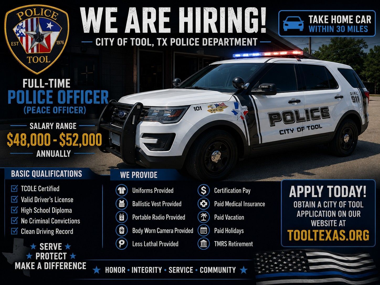 Tool Police Department recruiting ad for full-time police officers, featuring a patrol SUV and salary range.