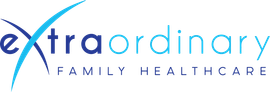 the logo for extraordinary family healthcare is blue and white .
