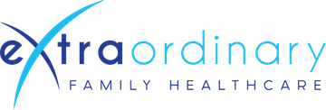 the logo for extraordinary family healthcare is blue and white .