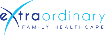 the logo for extraordinary family healthcare is blue and white .