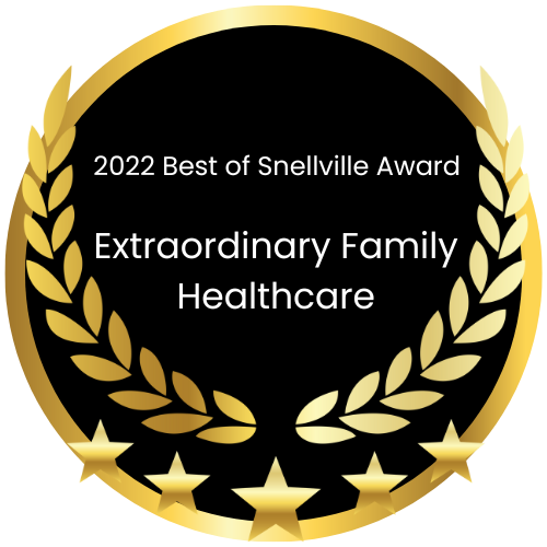 A black and gold circle with a laurel wreath on it that says `` best of snelville award extraordinary family healthcare ''.