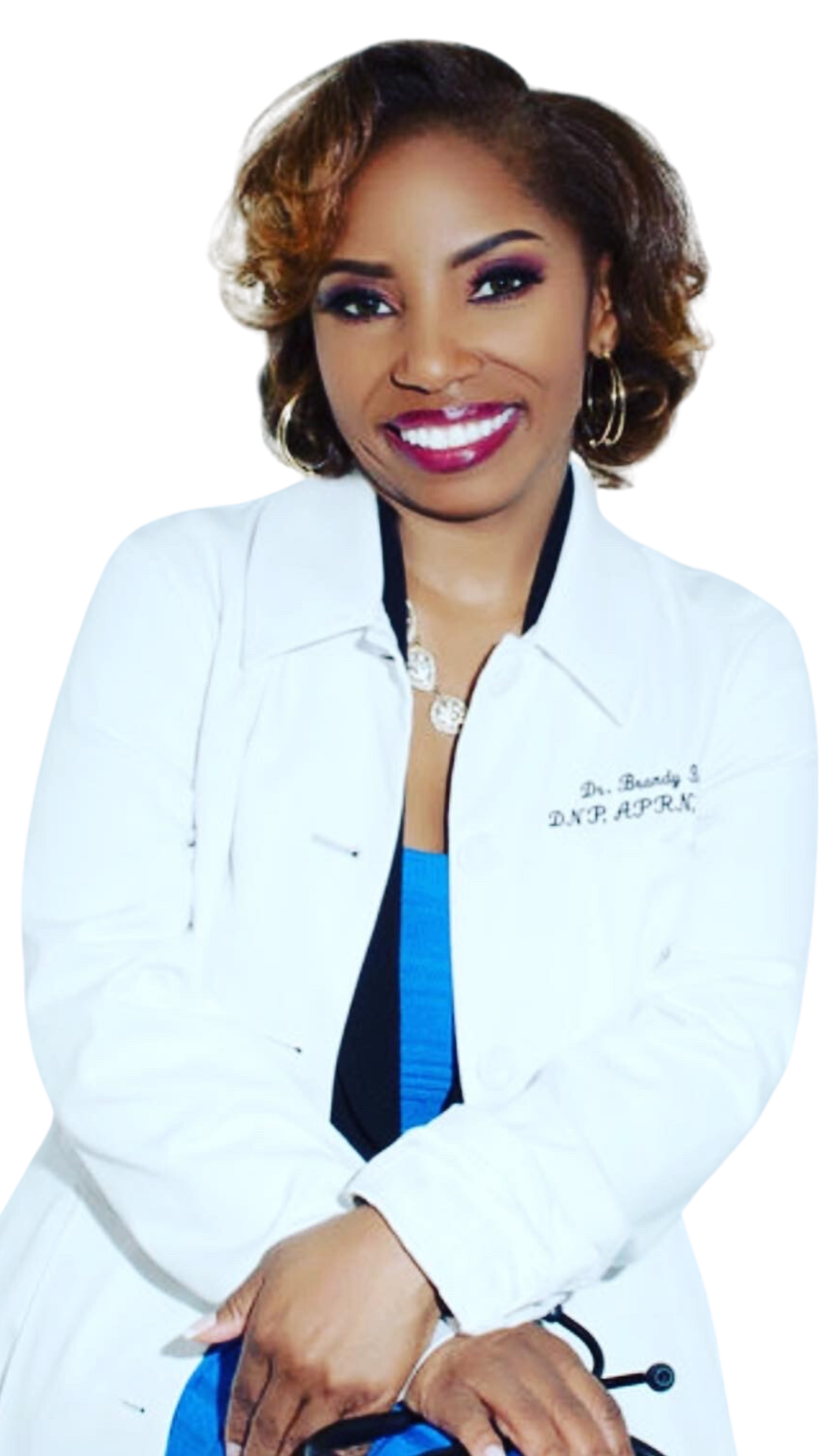A woman wearing a white coat with the name dr. on it