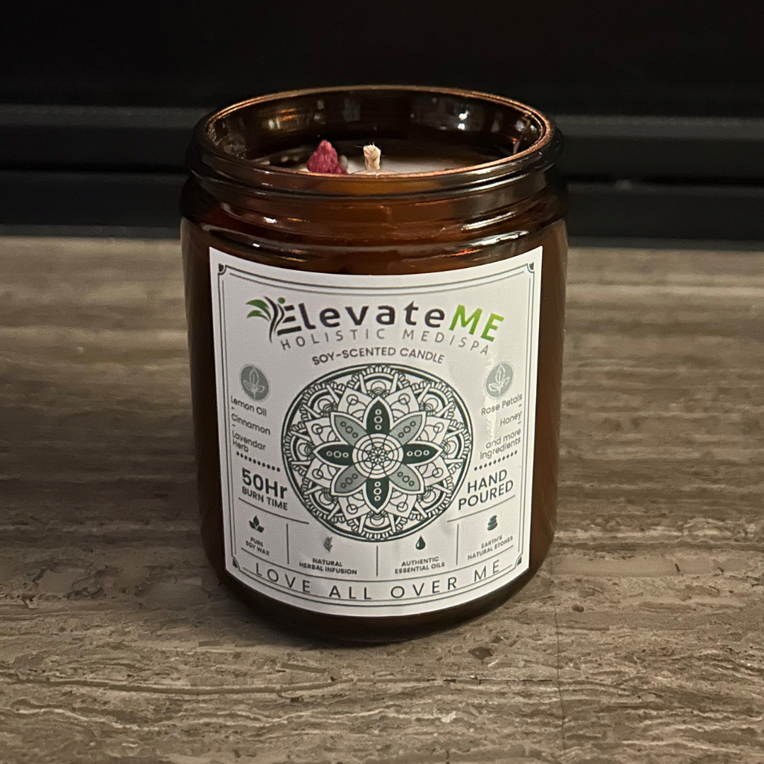 A candle in a jar with a label on it.