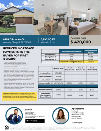 A flyer for a house for sale that says reduced mortgage payments to the buyer for first 5 years.