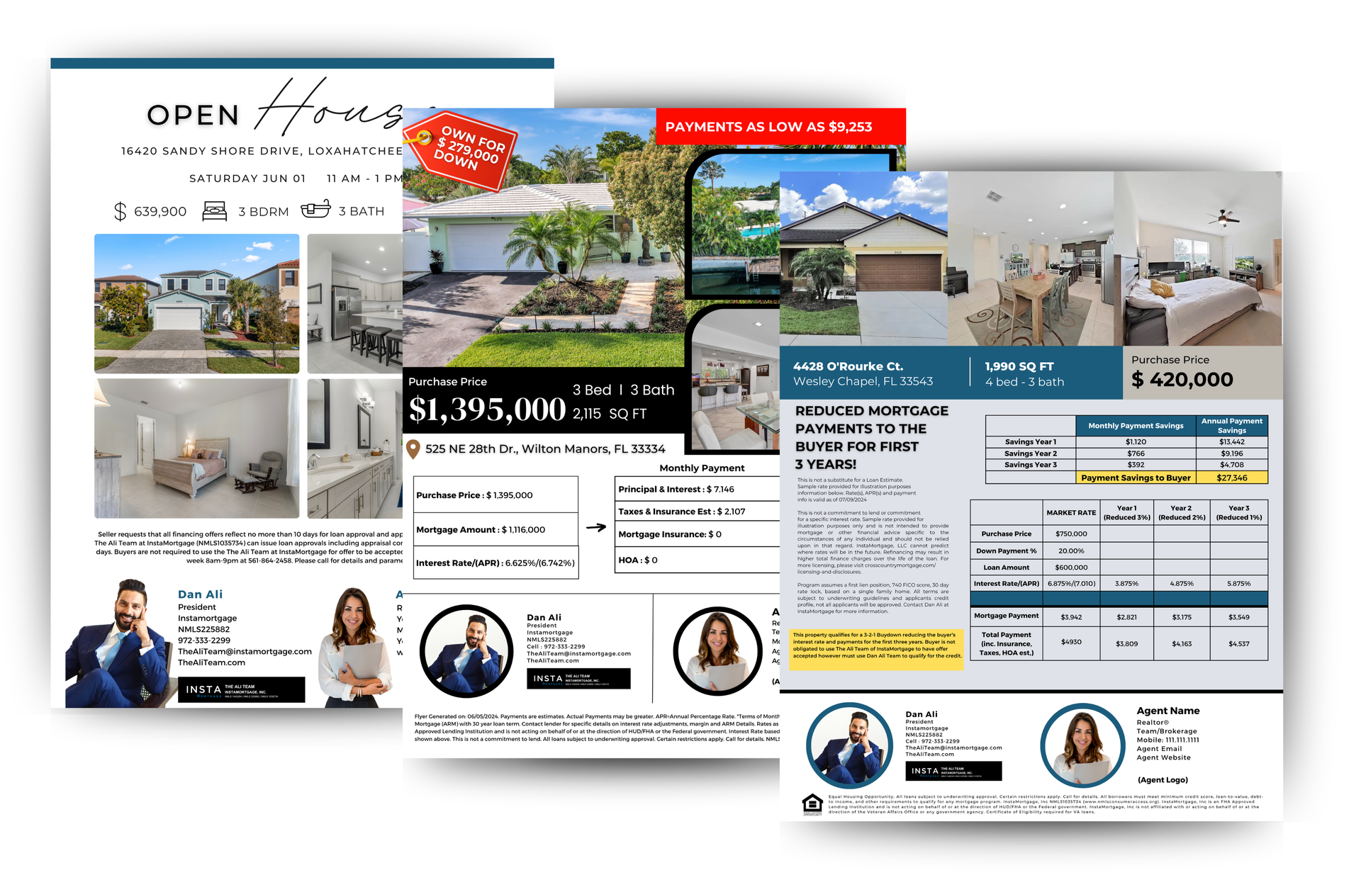 A collage of real estate brochures and flyers on a white background.