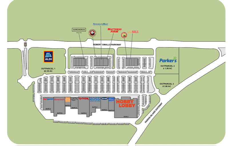 A map of a shopping center with a hobby lobby in the middle