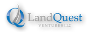 A blue and white logo for landquest ventures llc