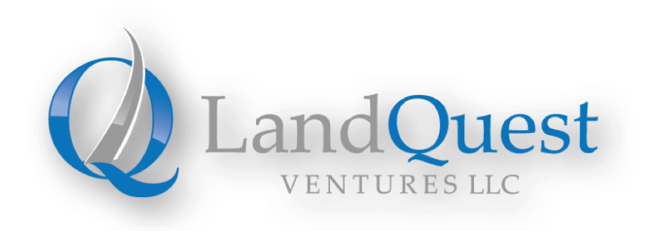 A blue and white logo for landquest ventures llc