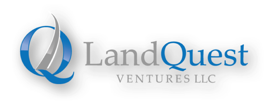 A blue and white logo for landquest ventures llc