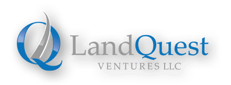 A blue and white logo for landquest ventures llc