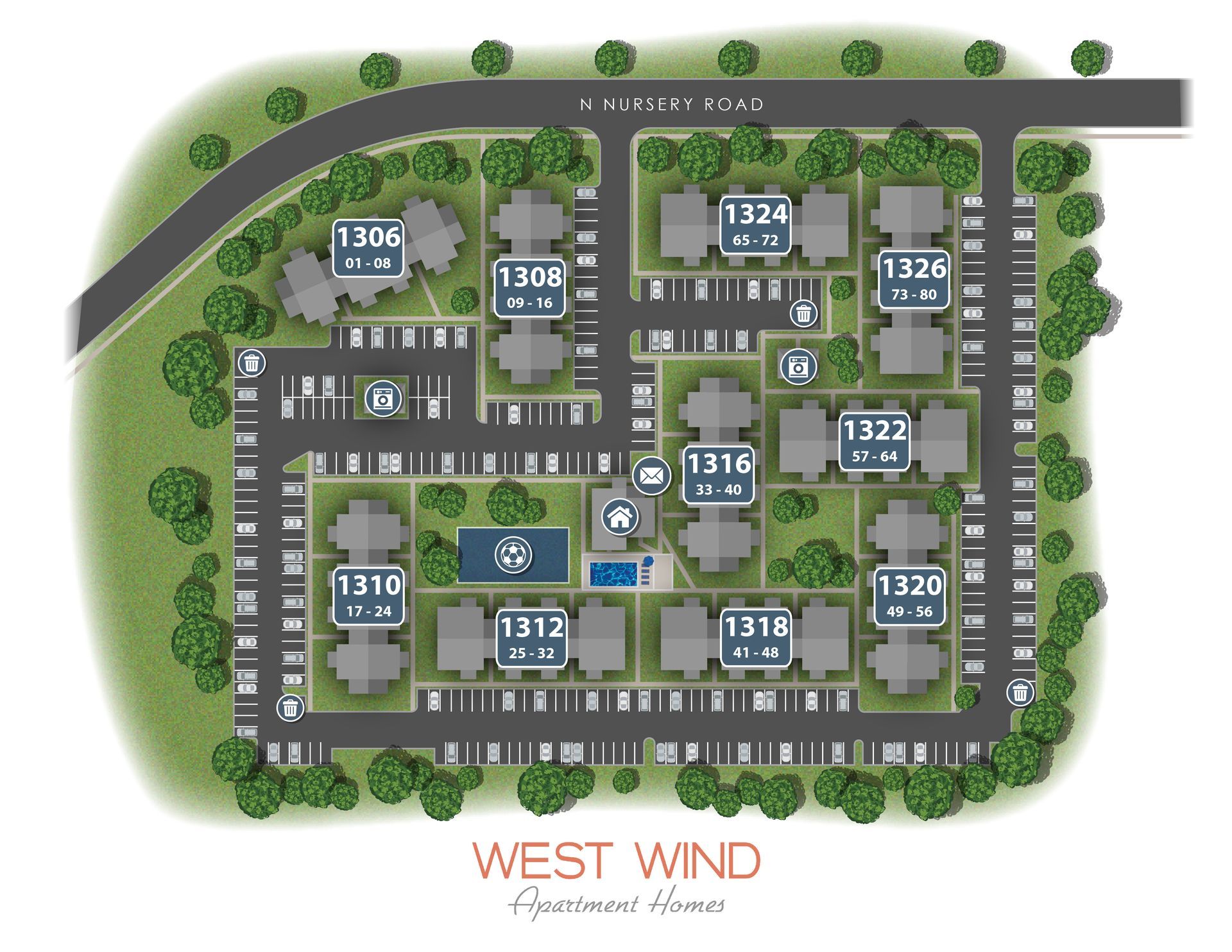 A West Wind Apartment Homes map, showing building layouts, parking, road, and green space.