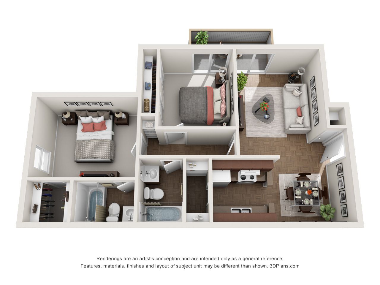 Floor plan of a two-bedroom apartment, showing rooms, furniture, and appliances.