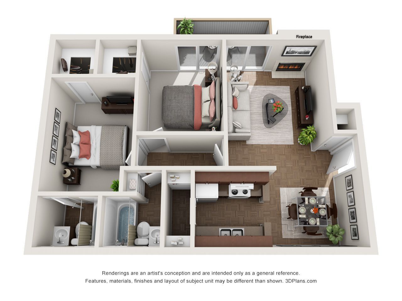 Floor plan of a two-bedroom apartment, rendered with furniture.