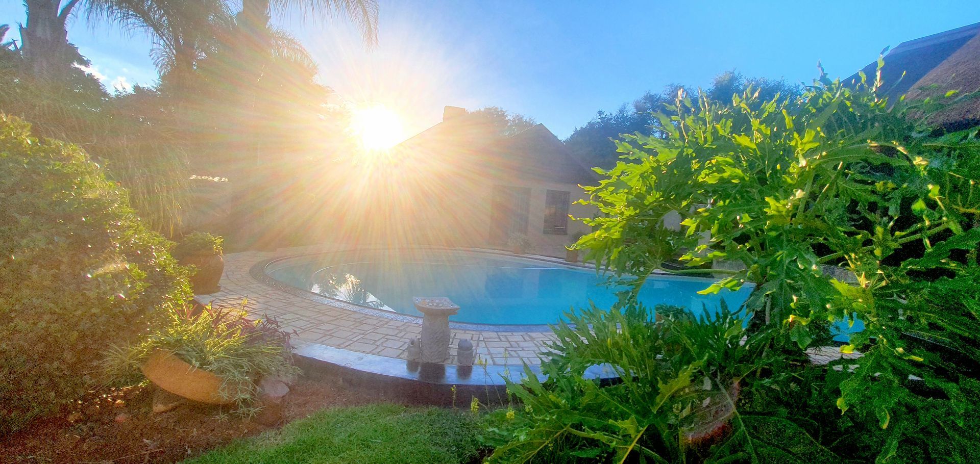 Scenic view of El-Tsuri’s swimming pool surrounded by lush gardens and mountain backdrops, with a cozy boma and built-in braai area perfect for relaxing and evening gatherings under the African sky.